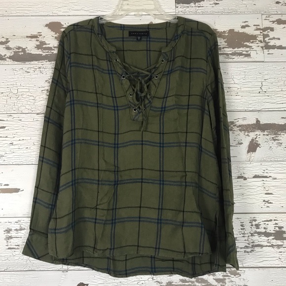 Sanctuary Tops - Sanctuary Lace up v neck plaid olive green medium
